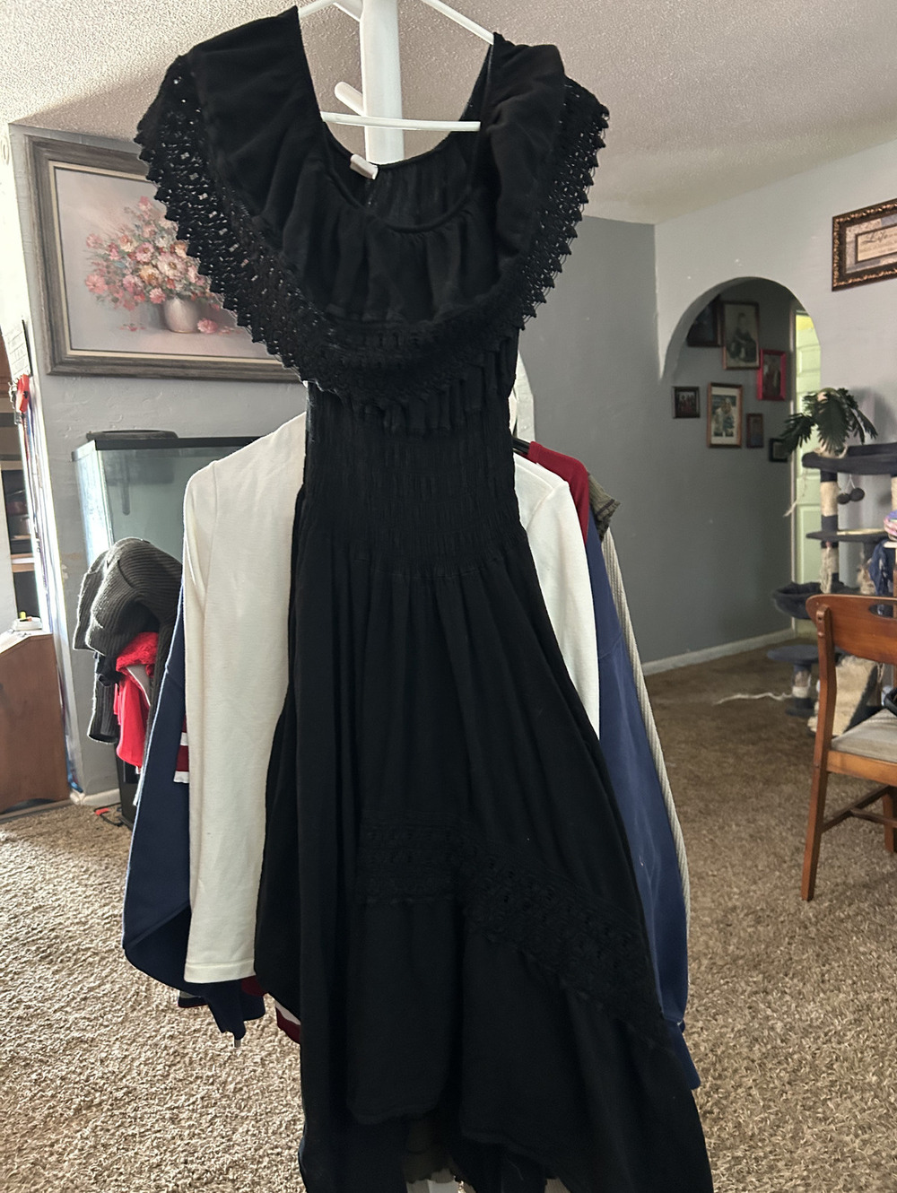 Black Cotton Dress with Crochet Detail